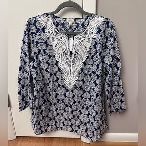 Talbots Navy and White Patterned Blouse